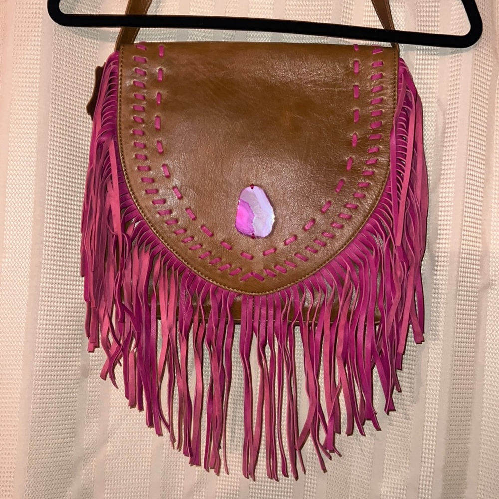 Genuine leather fuchsia suede fringe pink agate slice purse